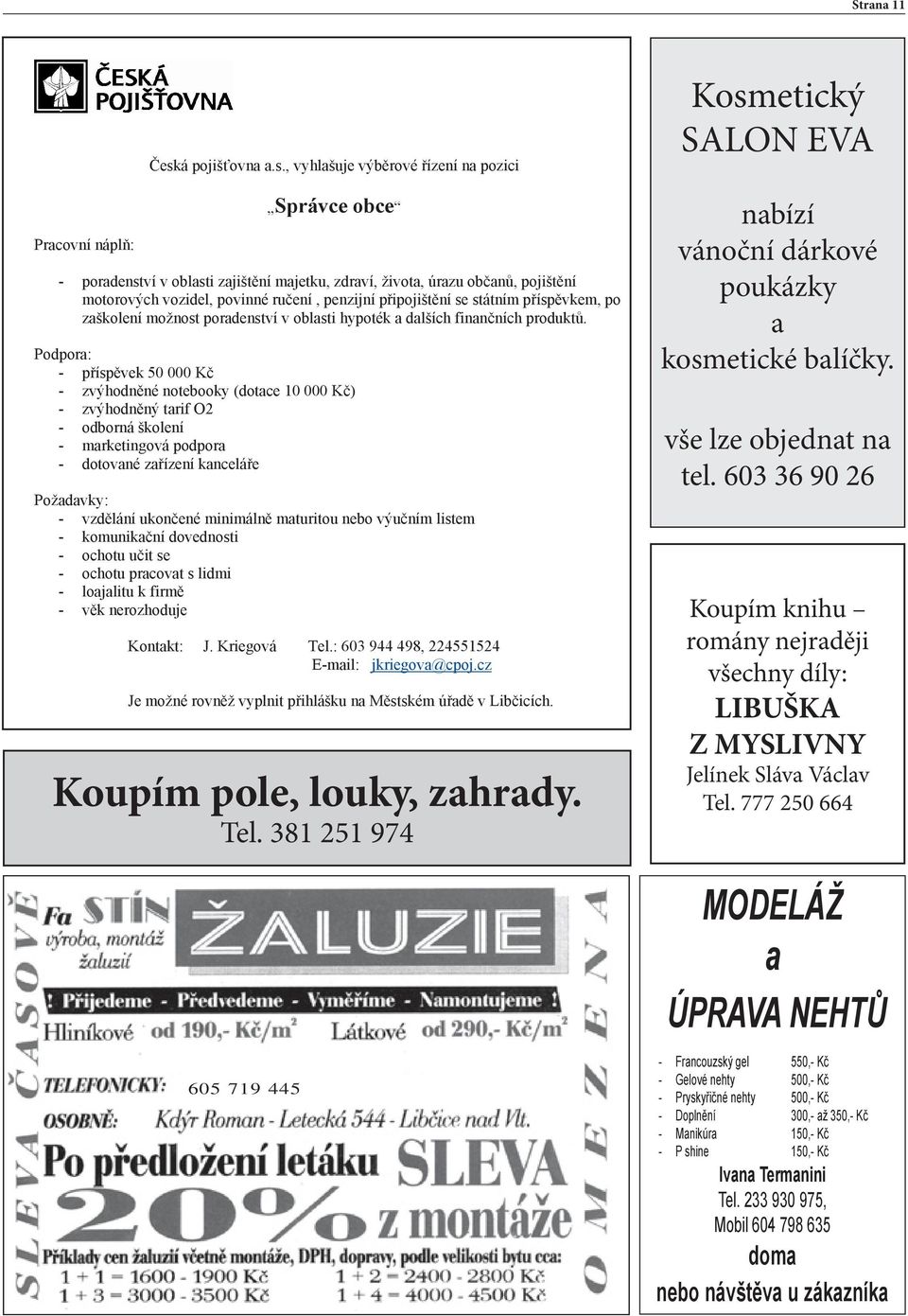 , vyhlašuje výb rové ízení na pozici Správce obce - poradenství v oblasti zajišt ní majetku, zdraví, života, úrazu ob an, pojišt ní motorových vozidel, povinné ru ení, penzijní p ipojišt ní se