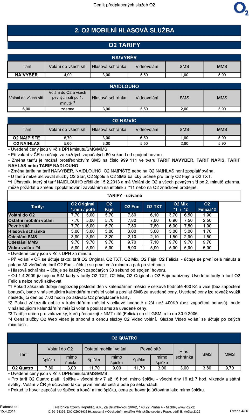VÍC Tarif Volání do všech sítí Hlasová schránka Videovolání SMS MMS O2 NA!PIŠTE 6,70 3,00 6,50 1,90 5,90 O2 NA!HLAS 5,60 3,00 5,50 2,60 5,90 Uvedené ceny jsou v /minutu/sms/mms.