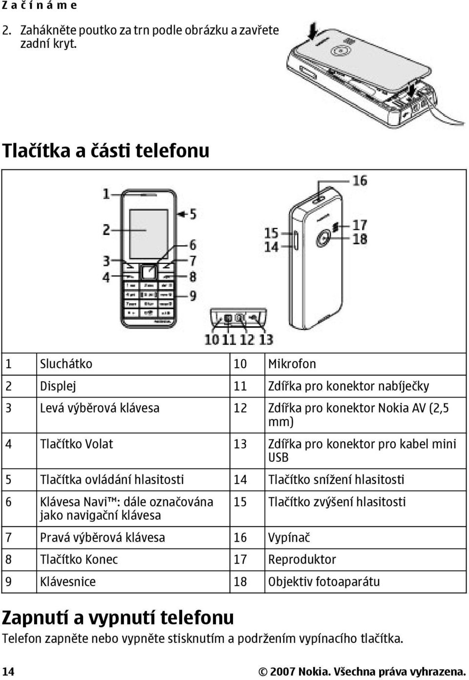 Volat 13 Zdířka pro konektor pro kabel mini USB 5 Tlačítka ovládání hlasitosti 14 Tlačítko snížení hlasitosti 6 Klávesa Navi : dále označována jako navigační klávesa 7