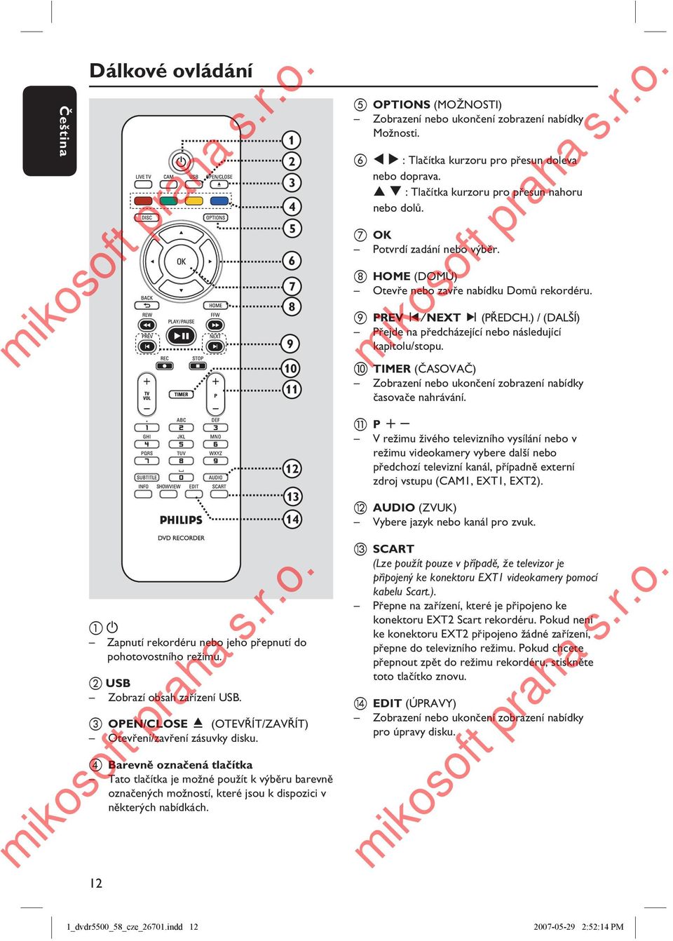 ) / (DALŠÍ) Přejde na předcházející nebo následující kapitolu/stopu. j TIMER (ČASOVAČ) Zobrazení nebo ukončení zobrazení nabídky časovače nahrávání.