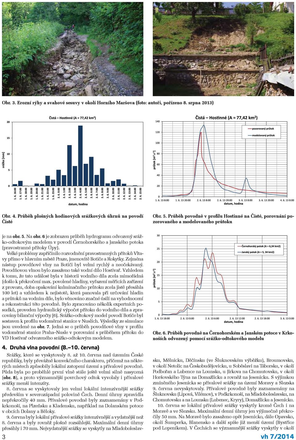 6 je zobrazen průběh hydrogramu odvozený srážko-odtokovým modelem v povodí Černohorského a Janského potoka (pravostranné přítoky Úpy).
