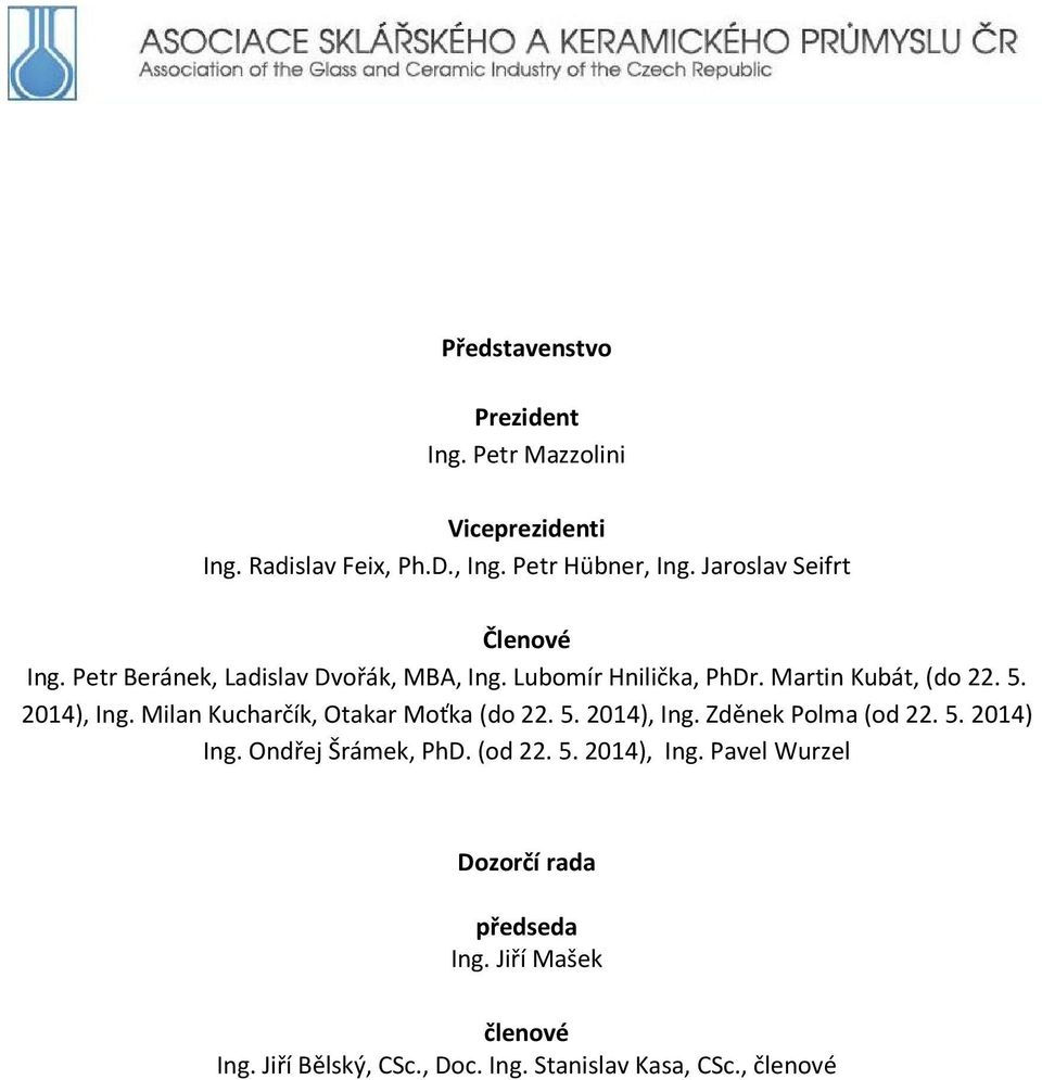 2014), Ing. Milan Kucharčík, Otakar Moťka (do 22. 5. 2014), Ing. Zděnek Polma (od 22. 5. 2014) Ing. Ondřej Šrámek, PhD.