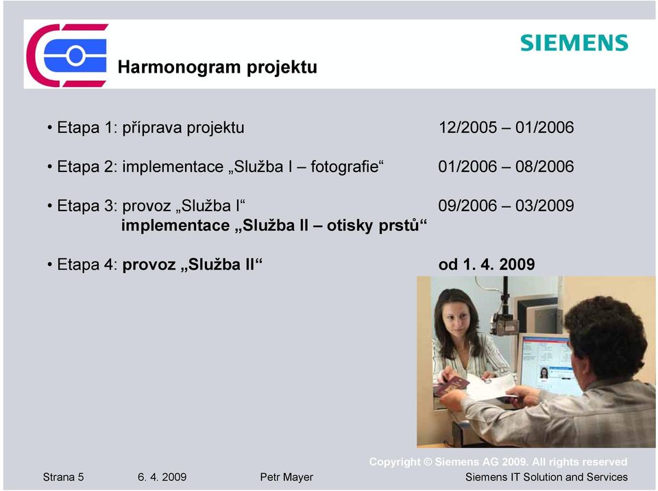 provoz Služba I 09/2006 03/2009 implementace Služba II otisky prstů