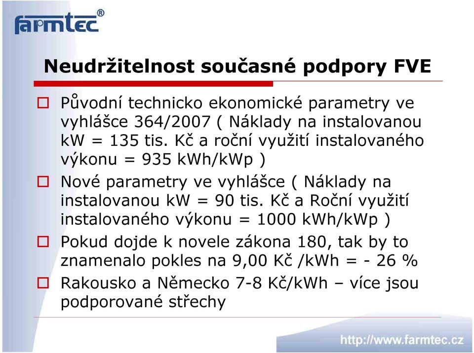 Kč a roční využití instalovaného výkonu = 935 kwh/kwp ) Nové parametry ve vyhlášce ( Náklady na instalovanou kw =