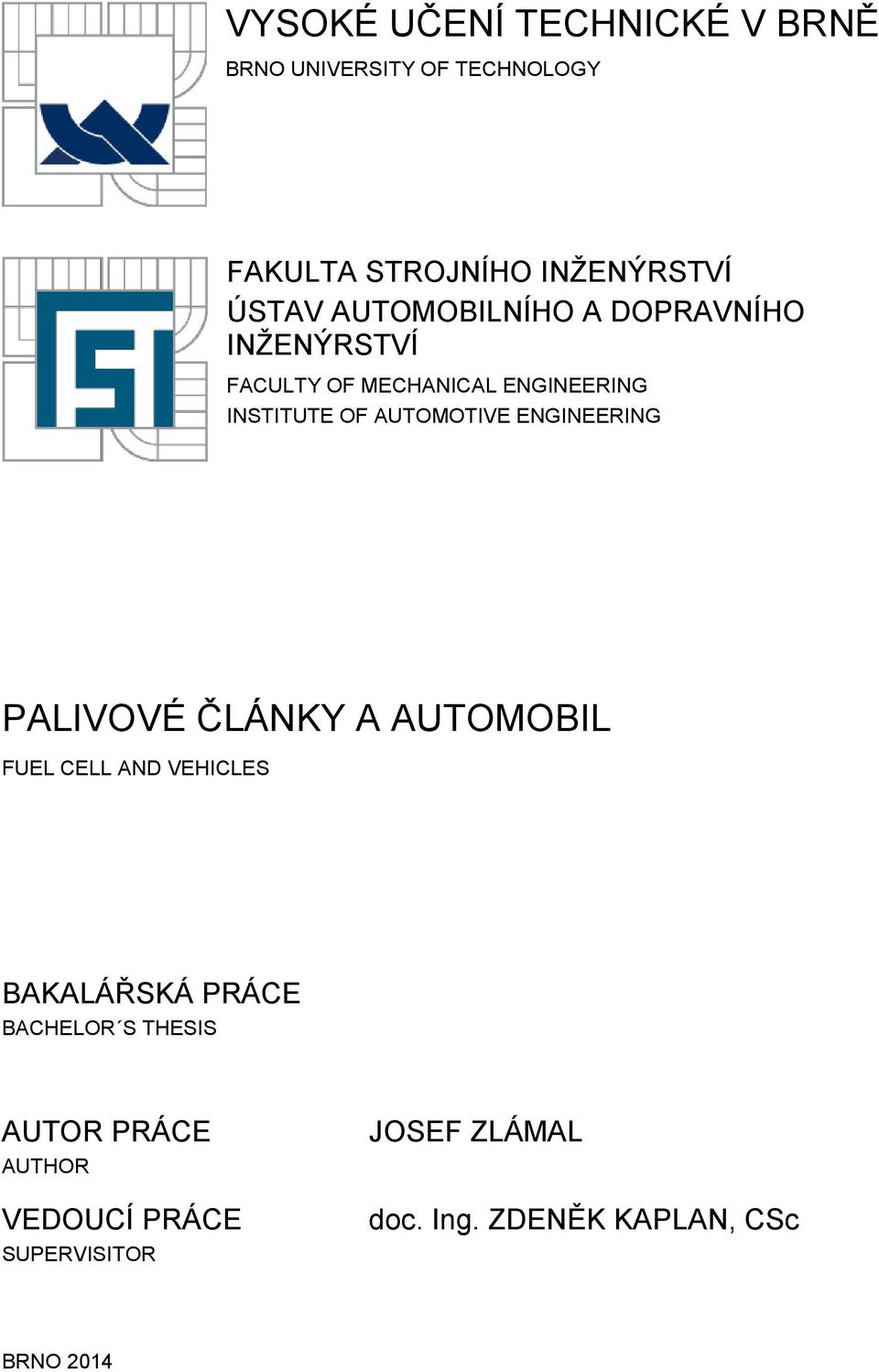 ENGINEERING PALIVOVÉ ČLÁNKY A AUTOMOBIL FUEL CELL AND VEHICLES BAKALÁŘSKÁ PRÁCE BACHELOR S