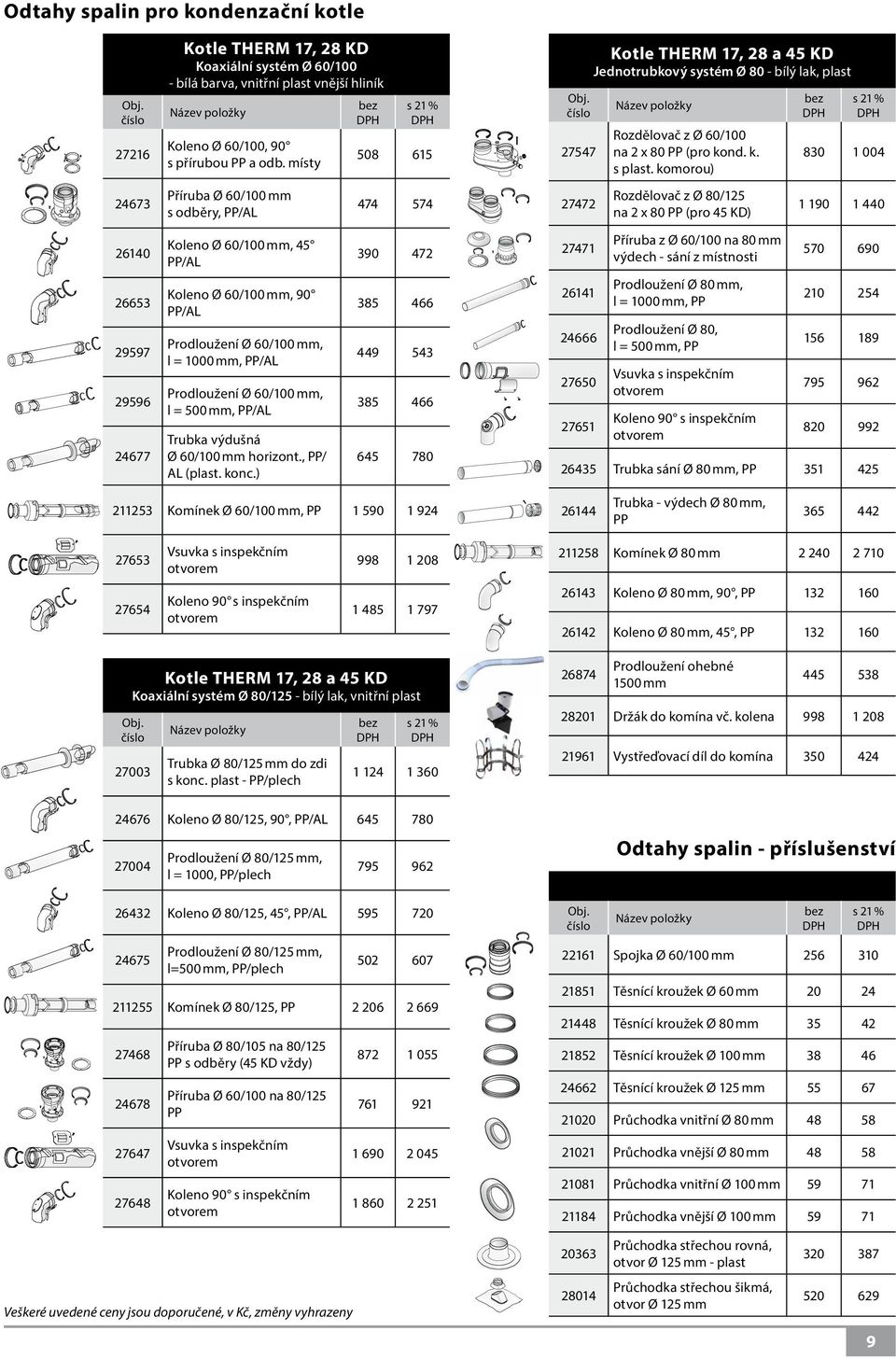 komorou) 830 1 004 574 27472 Rozdělovač z Ø 80/125 na 2 x 80 PP (pro 45 KD) 1 190 1 440 390 472 27471 Příruba z Ø 60/100 na 80 mm výdech - sání z místnosti 570 690 385 466 26141 Prodloužení Ø 80 mm,