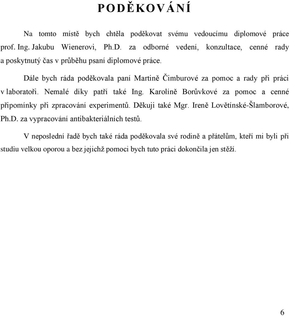 Karolíně Borůvkové za pomoc a cenné připomínky při zpracování experimentů. Děkuji také Mgr. Ireně Lovětínské-Šlamborové, Ph.D. za vypracování antibakteriálních testů.