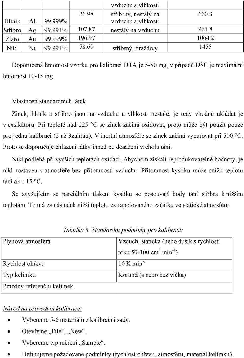 Vlastnosti standardních látek Zinek, hliník a stříbro jsou na vzduchu a vlhkosti nestálé, je tedy vhodné ukládat je v exsikátoru.