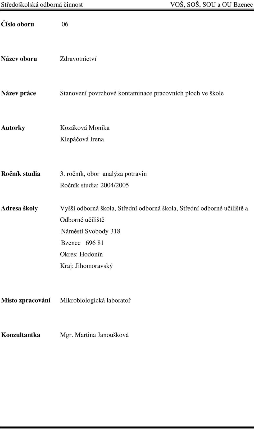 ročník, obor analýza potravin Ročník studia: 2004/2005 Adresa školy Vyšší odborná škola, Střední odborná škola,