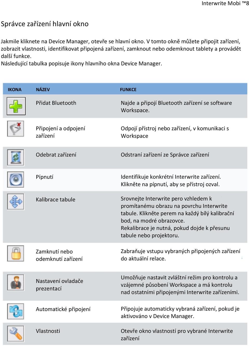 Následující tabulka popisuje ikony hlavního okna Device Manager. IKONA NÁZEV FUNKCE Přidat Bluetooth Najde a připojí Bluetooth zařízení se software Workspace.