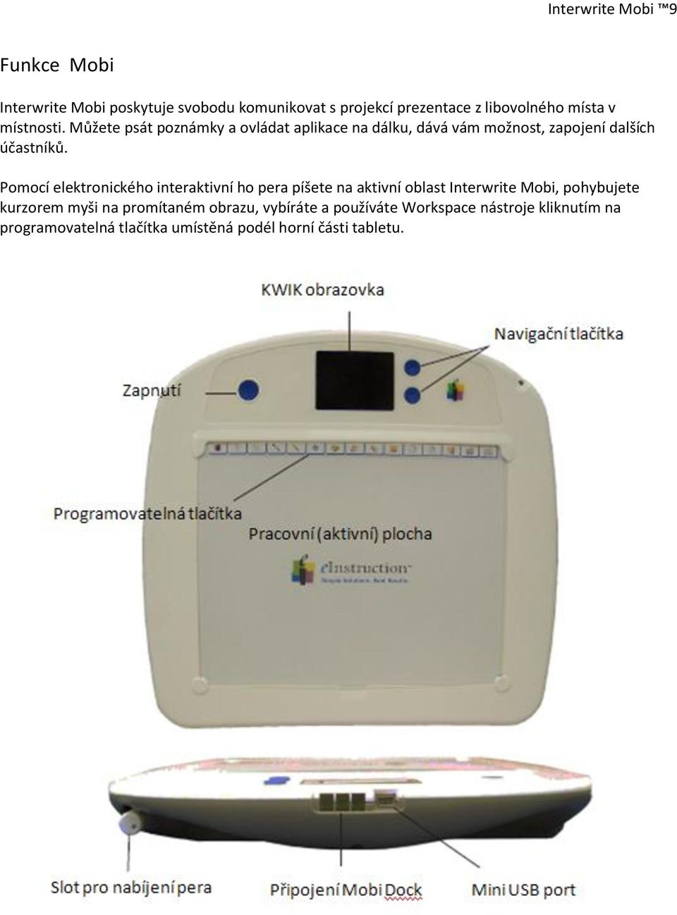 Pomocí elektronického interaktivní ho pera píšete na aktivní oblast Interwrite Mobi, pohybujete kurzorem myši na