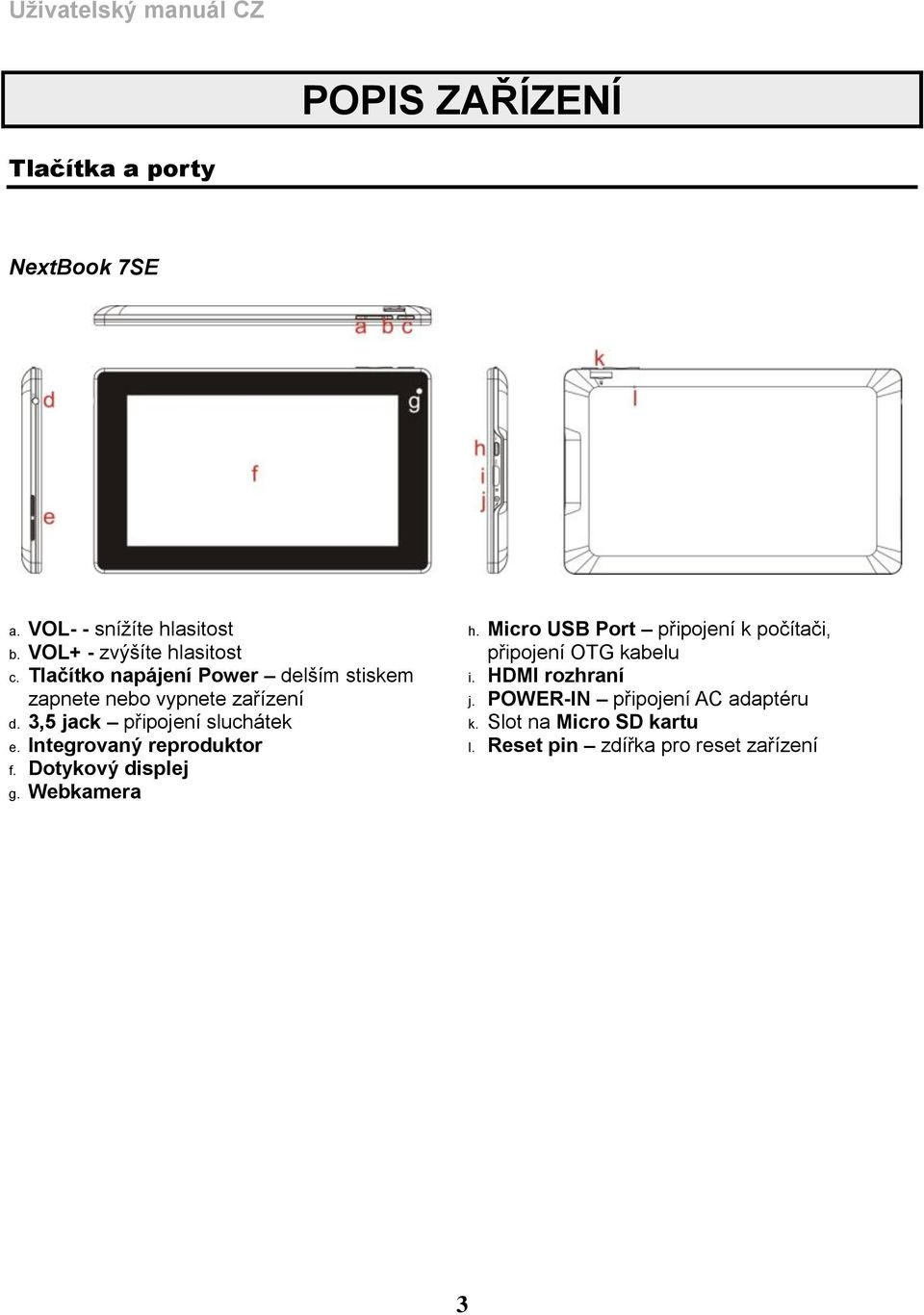 3,5 jack připojení sluchátek e. Integrovaný reproduktor f. Dotykový displej g. Webkamera h.