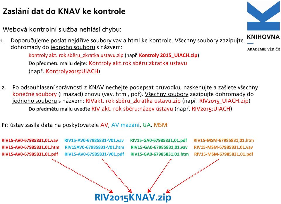 rok sběru:zkratka ustavu (např. Kontroly2015:UIACH) 2. Po odsouhlasení správnosti z KNAV nechejte podepsat průvodku, naskenujte a zašlete všechny konečné soubory (i mazací) znovu (vav, html, pdf).