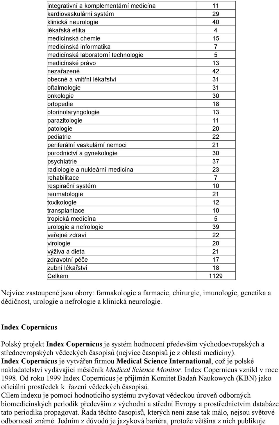 nemoci 21 porodnictví a gynekologie 30 psychiatrie 37 radiologie a nukleární medicína 23 rehabilitace 7 respirační systém 10 reumatologie 21 toxikologie 12 transplantace 10 tropická medicína 5