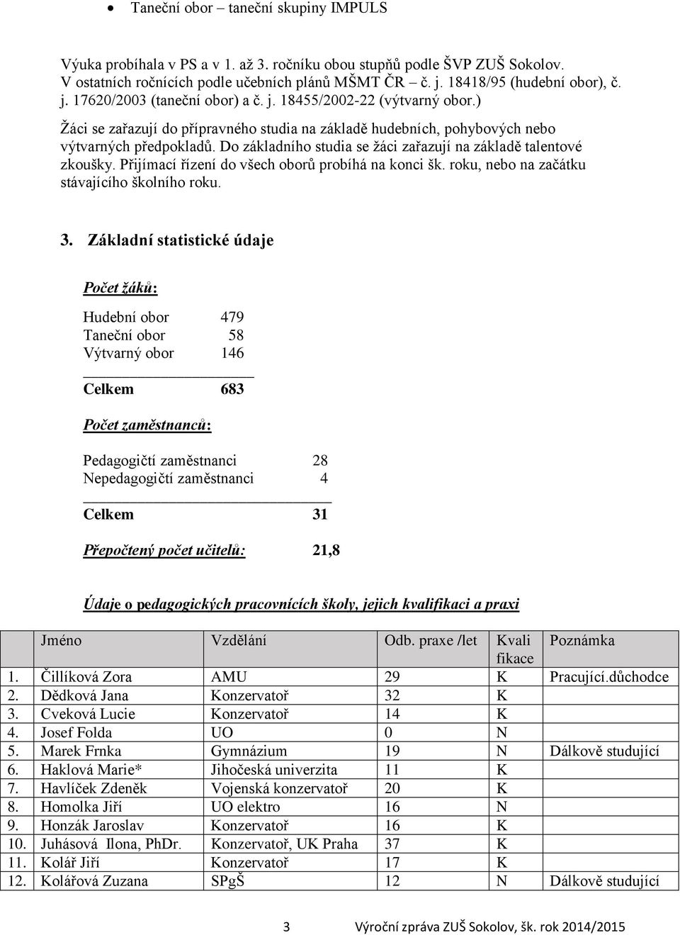 Do základního studia se žáci zařazují na základě talentové zkoušky. Přijímací řízení do všech oborů probíhá na konci šk. roku, nebo na začátku stávajícího školního roku. 3.