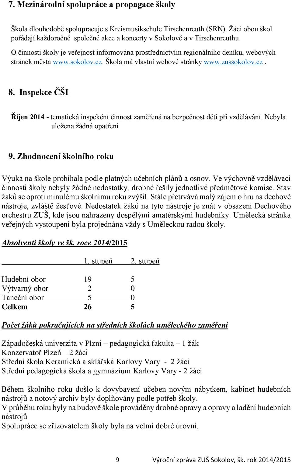 sokolov.cz. Škola má vlastní webové stránky www.zussokolov.cz. 8. Inspekce ČŠI Říjen 2014 - tematická inspekční činnost zaměřená na bezpečnost dětí při vzdělávání. Nebyla uložena žádná opatření 9.
