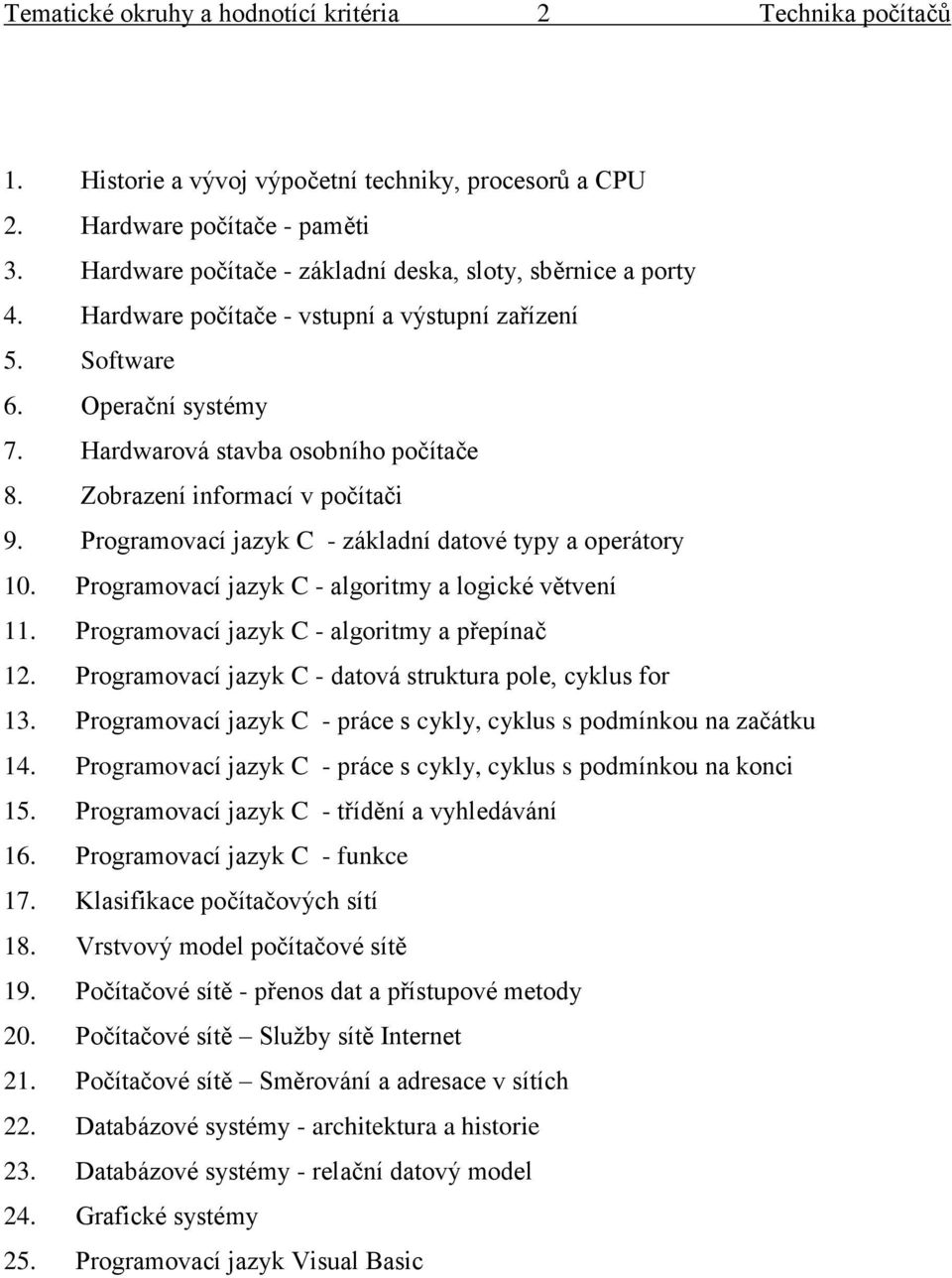 Zobrazení informací v počítači 9. Programovací jazyk C - základní datové typy a operátory 10. Programovací jazyk C - algoritmy a logické větvení 11. Programovací jazyk C - algoritmy a přepínač 12.