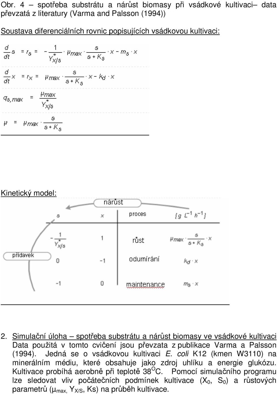 Simulační úloha spotřeba substrátu a nárůst biomasy ve vsádkové kultivaci Data použitá v tomto cvičení jsou převzata z publikace Varma a Palsson (1994).