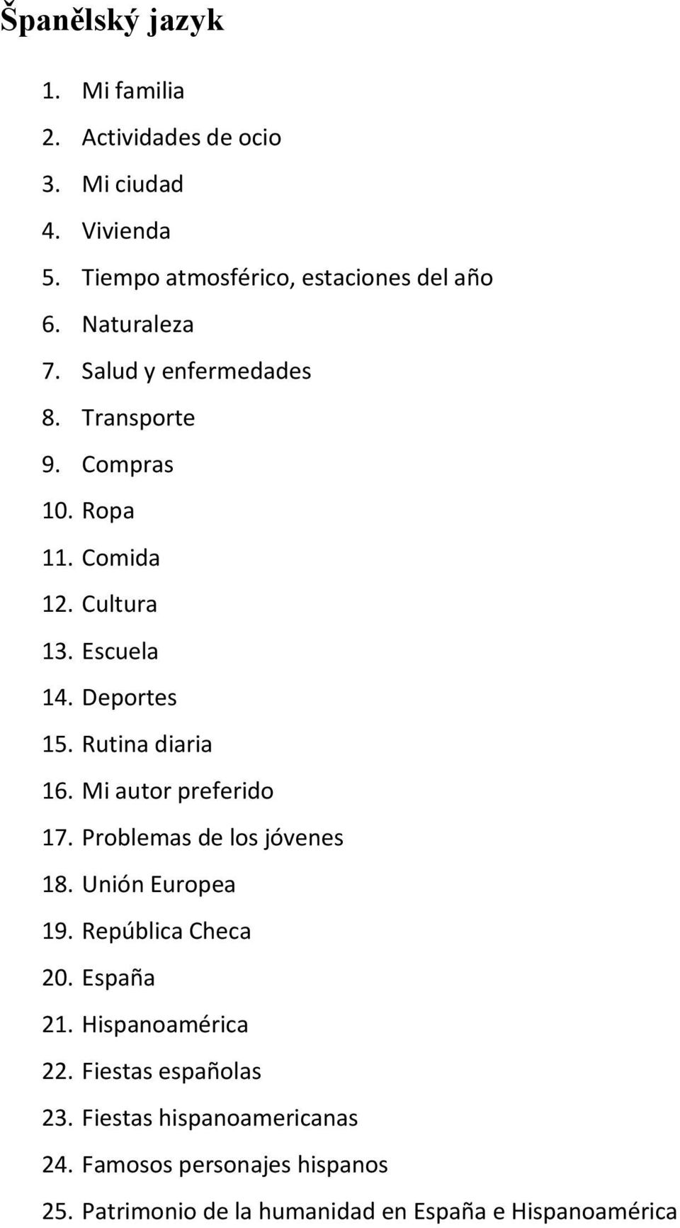 Rutina diaria 16. Mi autor preferido 17. Problemas de los jóvenes 18. Unión Europea 19. República Checa 20. España 21.