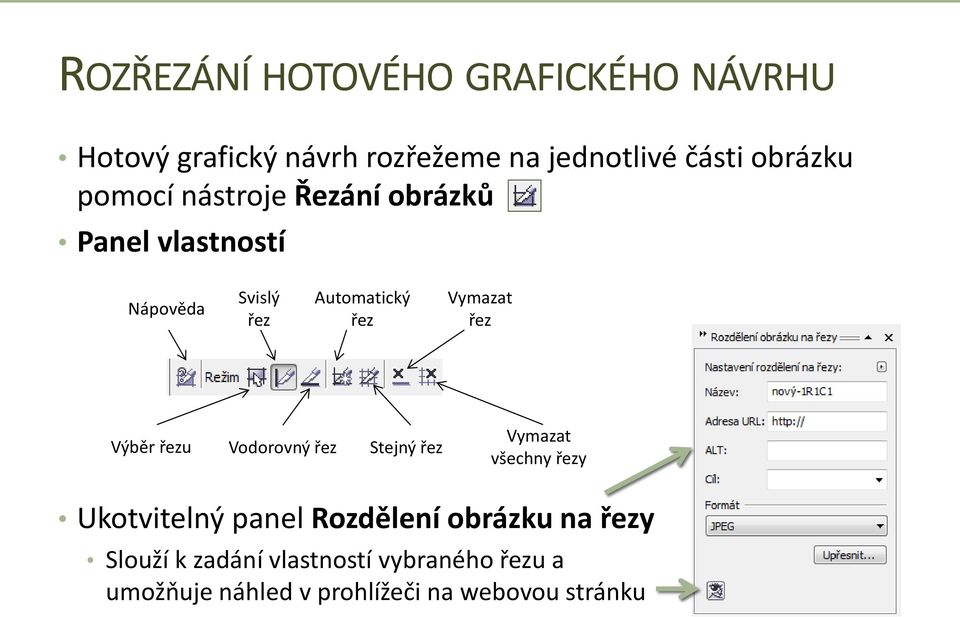 Výběr řezu Vodorovný řez Stejný řez Vymazat všechny řezy Ukotvitelný panel Rozdělení obrázku na