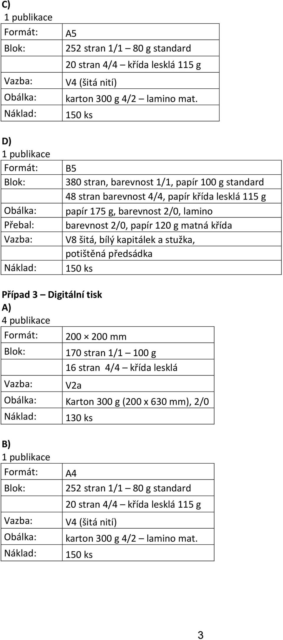 papír 120 g matná křída V8 šitá, bílý kapitálek a stužka, potištěná předsádka Případ 3 Digitální tisk A) 4 publikace 200 200 mm 170 stran 1/1 100 g