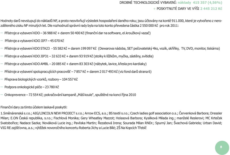 Dle rozhodnutí správní rady byla na toto konto pøevedena èástka 2 550 000 Kè pro rok 2011: Pøístroje a vybavení KDO 36 988 Kè + darem 50 400 Kè (finanèní dar na software, el.