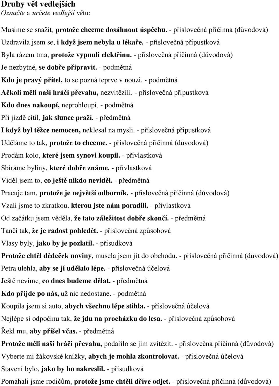 - podmětná Ačkoli měli naši hráči převahu, nezvítězili. - příslovečná přípustková Kdo dnes nakoupí, neprohloupí. - podmětná Při jízdě cítil, jak slunce praží.