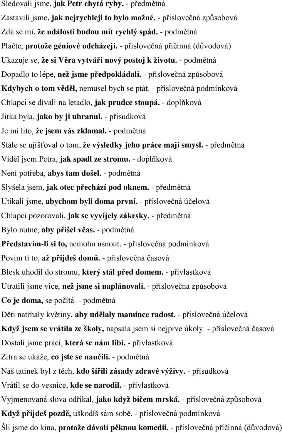 - příslovečná způsobová Kdybych o tom věděl, nemusel bych se ptát. - příslovečná podmínková Chlapci se dívali na letadlo, jak prudce stoupá. - doplňková Jitka byla, jako by ji uhranul.