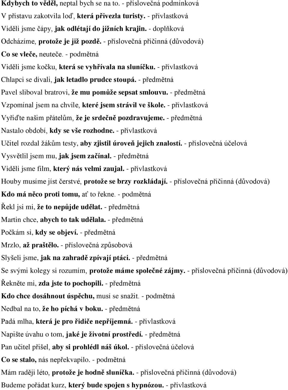 - přívlastková Chlapci se dívali, jak letadlo prudce stoupá. - předmětná Pavel sliboval bratrovi, že mu pomůže sepsat smlouvu. - předmětná Vzpomínal jsem na chvíle, které jsem strávil ve škole.