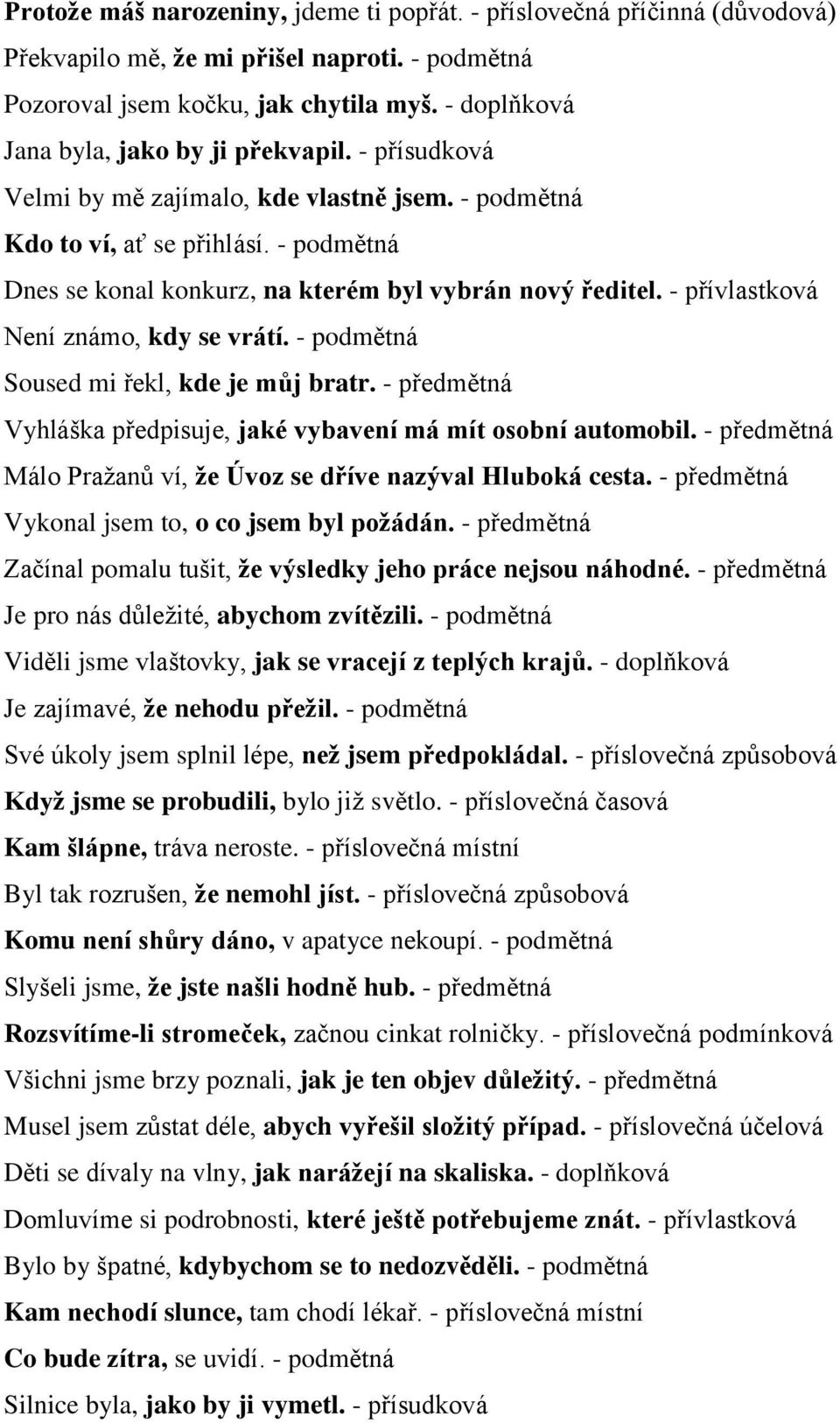 - podmětná Dnes se konal konkurz, na kterém byl vybrán nový ředitel. - přívlastková Není známo, kdy se vrátí. - podmětná Soused mi řekl, kde je můj bratr.