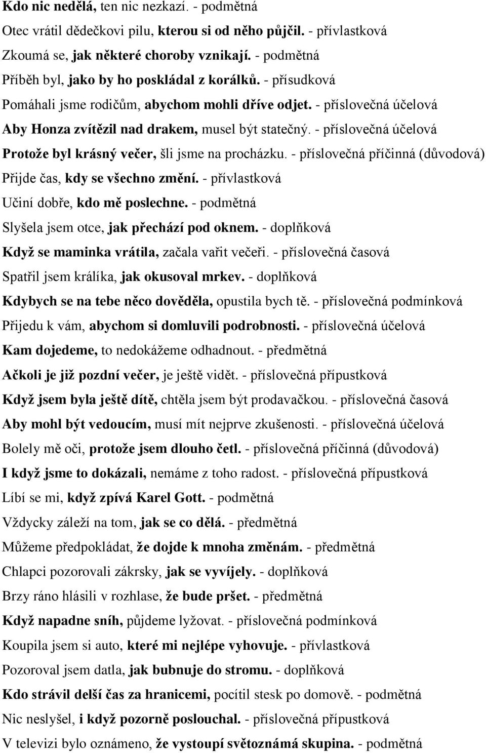 - příslovečná účelová Protože byl krásný večer, šli jsme na procházku. - příslovečná příčinná (důvodová) Přijde čas, kdy se všechno změní. - přívlastková Učiní dobře, kdo mě poslechne.