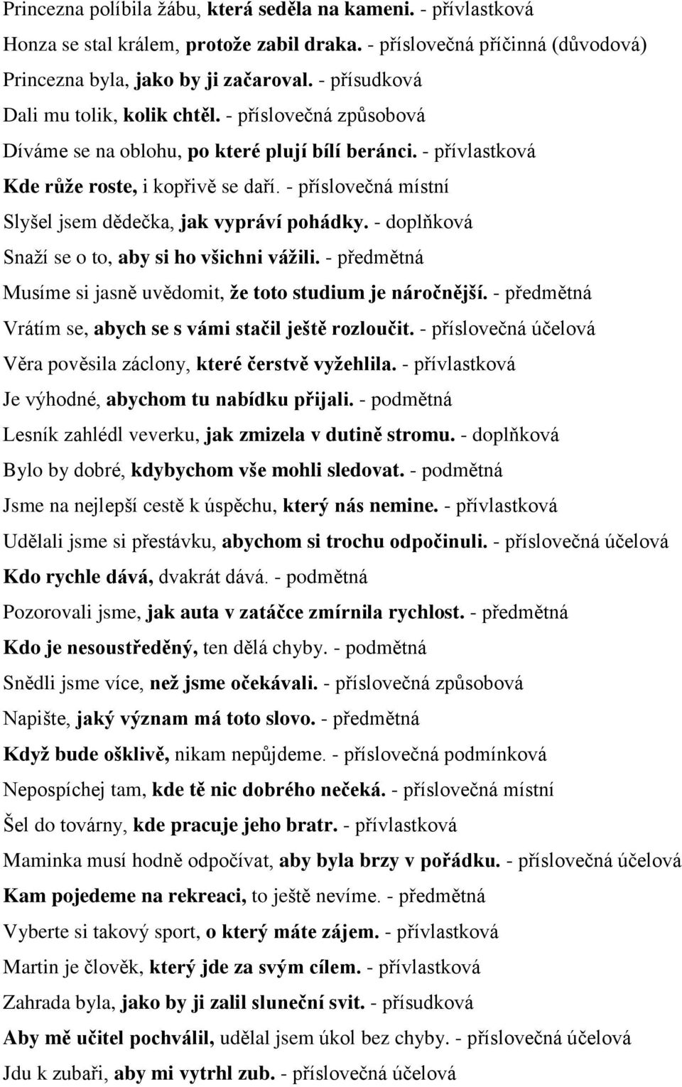 - příslovečná místní Slyšel jsem dědečka, jak vypráví pohádky. - doplňková Snaží se o to, aby si ho všichni vážili. - předmětná Musíme si jasně uvědomit, že toto studium je náročnější.