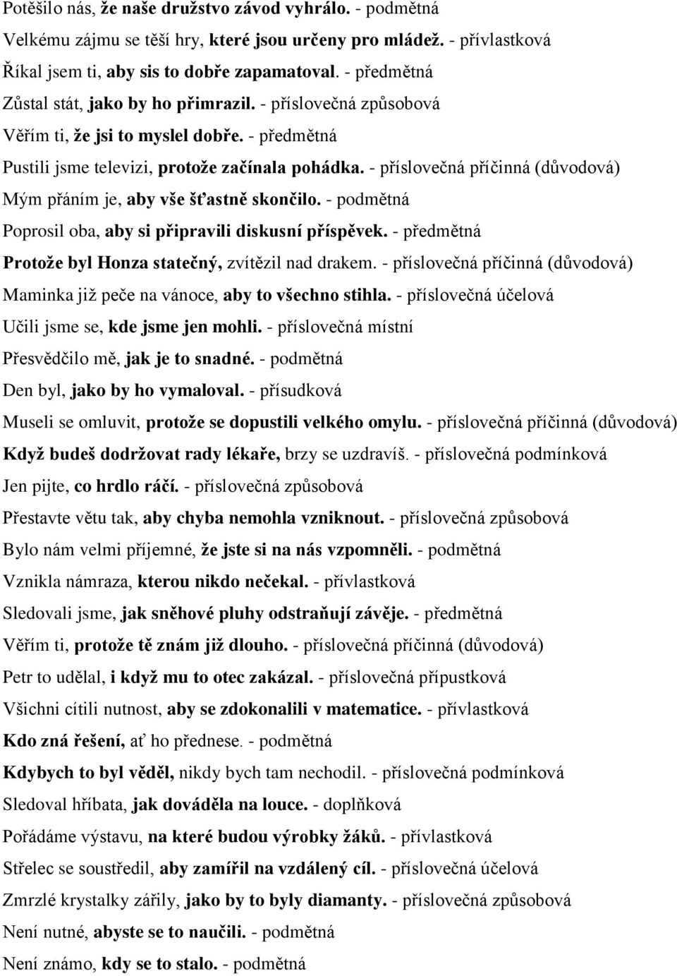 - příslovečná příčinná (důvodová) Mým přáním je, aby vše šťastně skončilo. - podmětná Poprosil oba, aby si připravili diskusní příspěvek. - předmětná Protože byl Honza statečný, zvítězil nad drakem.