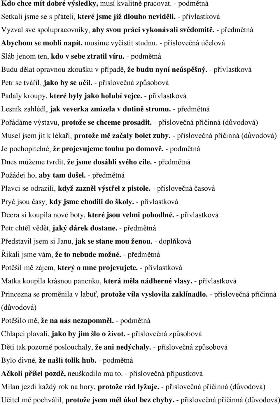 - příslovečná účelová Sláb jenom ten, kdo v sebe ztratil víru. - podmětná Budu dělat opravnou zkoušku v případě, že budu nyní neúspěšný. - přívlastková Petr se tvářil, jako by se učil.