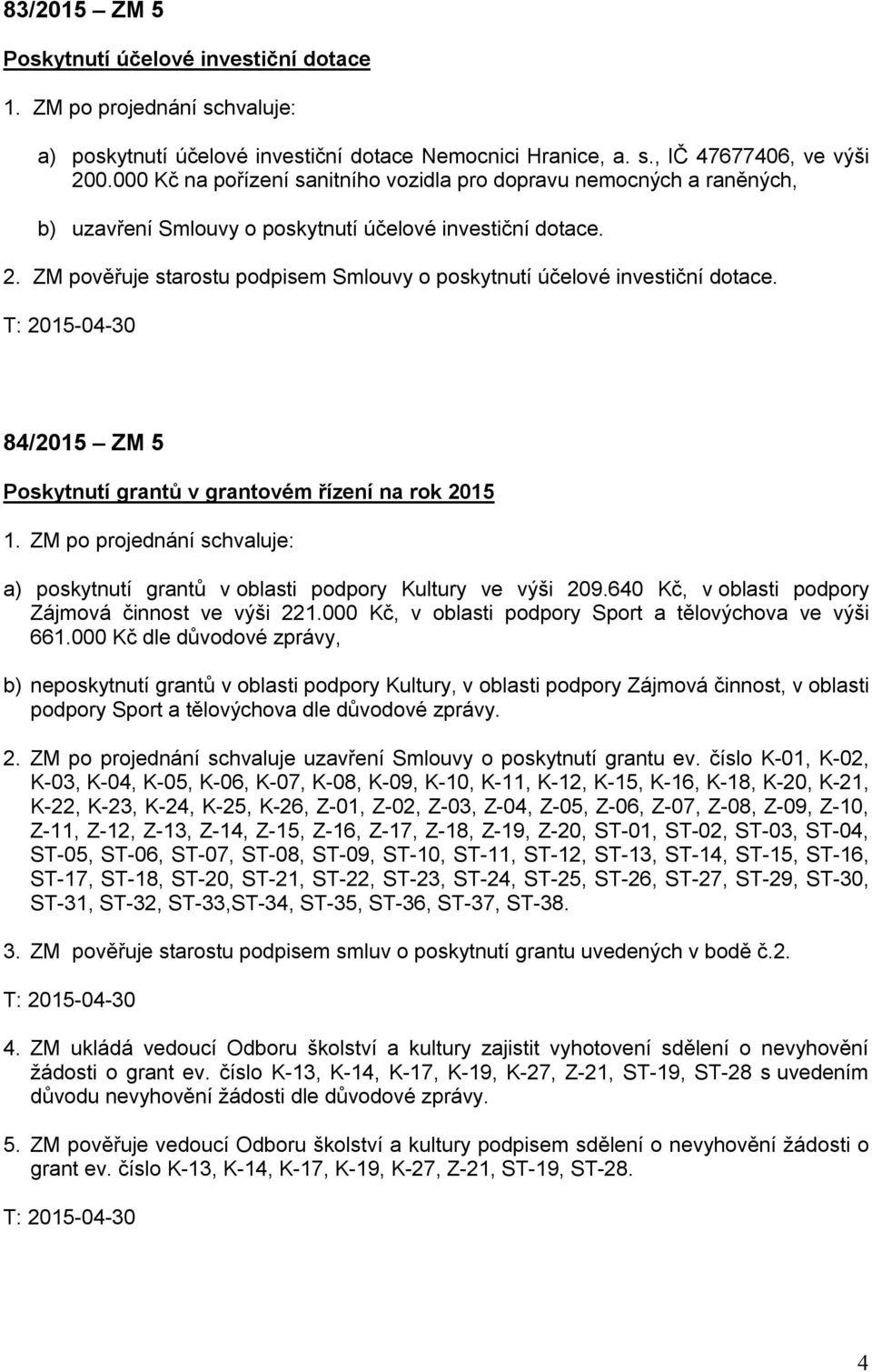 ZM pověřuje starostu podpisem Smlouvy o poskytnutí účelové investiční dotace. 84/2015 ZM 5 Poskytnutí grantů v grantovém řízení na rok 2015 1.