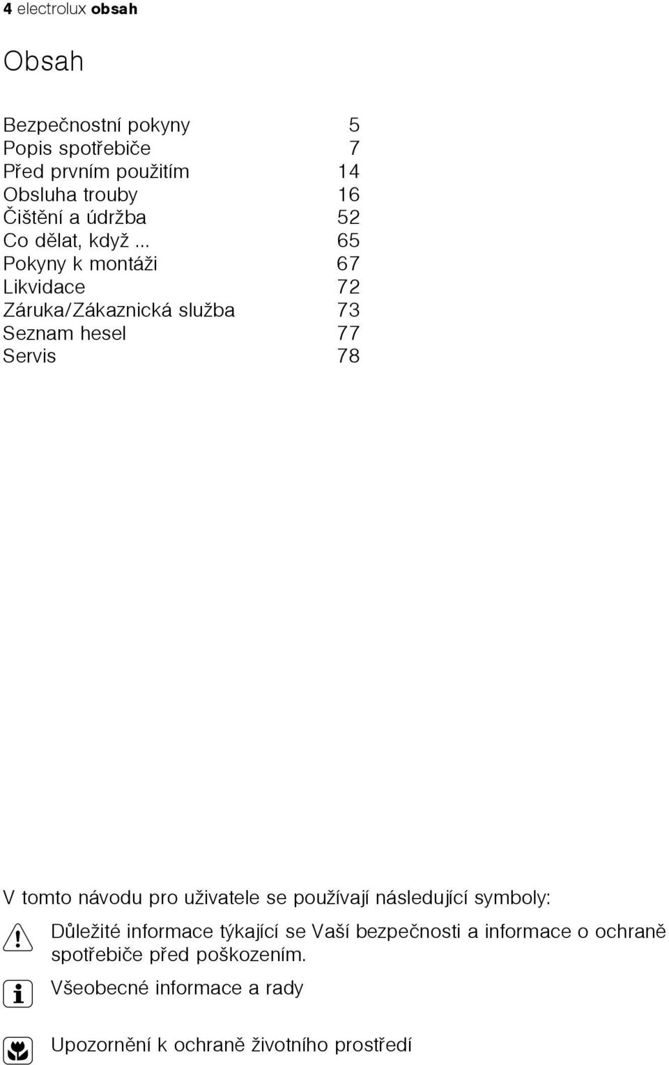 .. 65 Pokyny k montáži 67 Likvidace 72 Záruka/Zákaznická služba 73 Seznam hesel 77 Servis 78 V tomto návodu pro