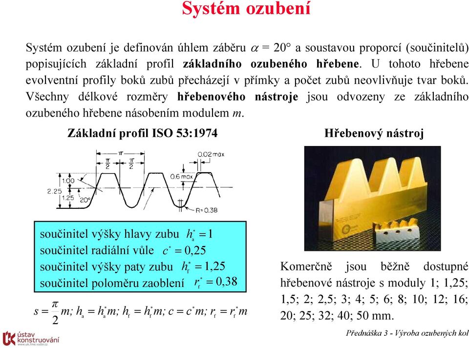 Všechny délkové roměry hřebenového nástroje jsou odvoeny e ákladního oubeného hřebene násobením modulem m.