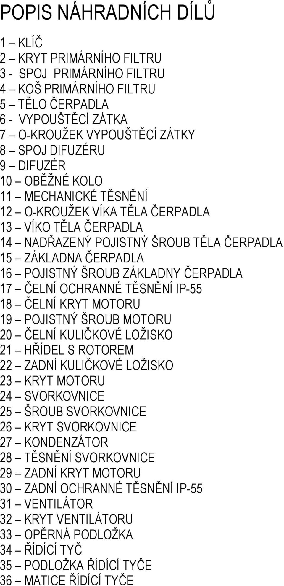 OCHRANNÉ TĚSNĚNÍ IP-55 18 ČELNÍ KRYT MOTORU 19 POJISTNÝ ŠROUB MOTORU 20 ČELNÍ KULIČKOVÉ LOŽISKO 21 HŘÍDEL S ROTOREM 22 ZADNÍ KULIČKOVÉ LOŽISKO 23 KRYT MOTORU 24 SVORKOVNICE 25 ŠROUB SVORKOVNICE 26