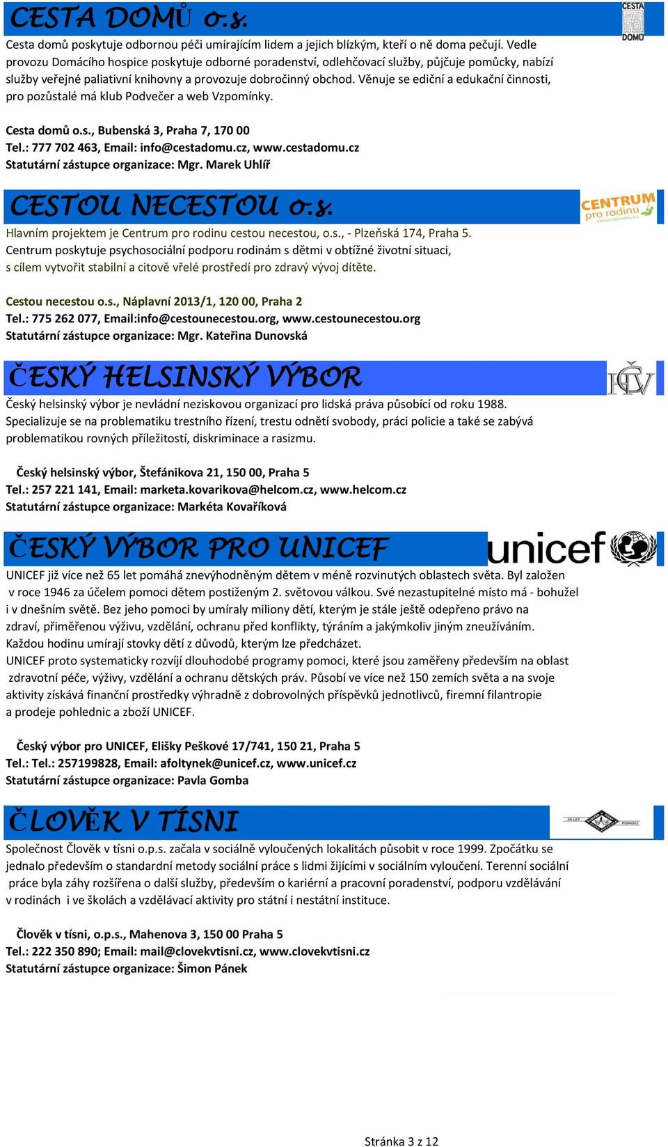 Věnuje se ediční a edukační činnosti, pro pozůstalé má klub Podvečer a web Vzpomínky. Cesta domů o.s., Bubenská 3, Praha 7, 170 00 Tel.: 777 702 463, Email: info@cestadomu.