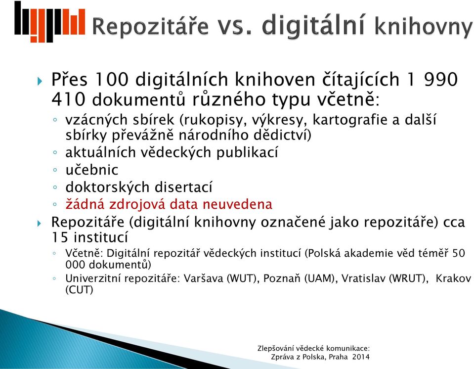 (digitální knihovny označené jako repozitáře) cca 15 institucí Včetně: Digitální repozitář vědeckých institucí (Polská akademie věd téměř 50
