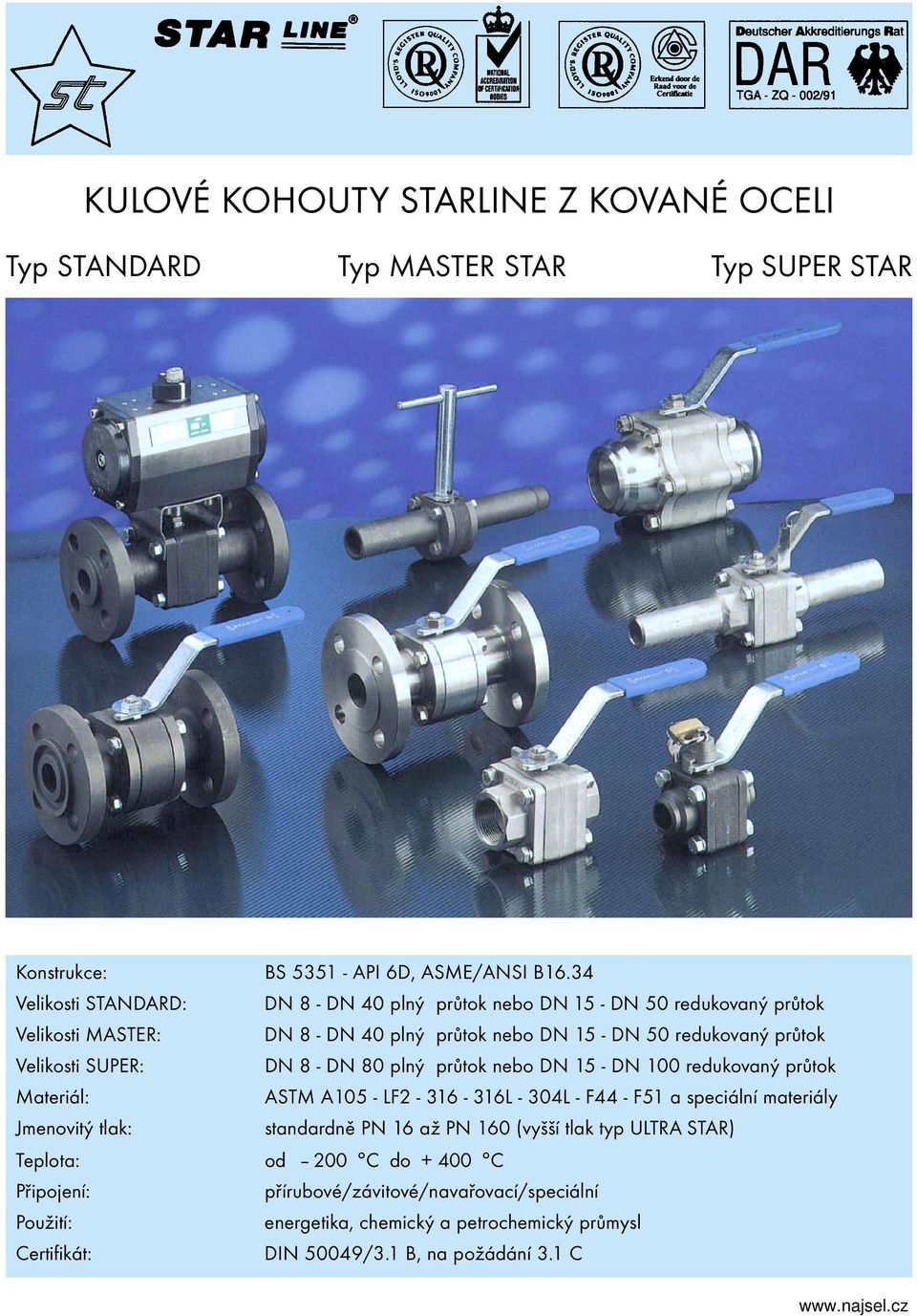 Velikosti SUPER: DN 8 - DN 80 plný průtok nebo DN 5 - DN 00 redukovaný průtok Materiál: ASTM A05 - LF2-36 - 36L - 4L - F44 - F5 a speciální materiály Jmenovitý tlak: