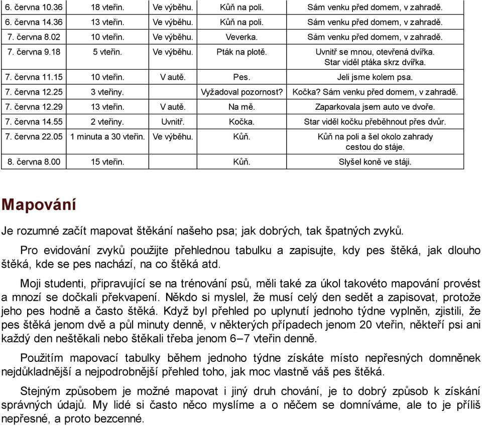 V autě. Pes. Jeli jsme kolem psa. 7. června 12.25 3 vteřiny. Vyžadoval pozornost? Kočka? Sám venku před domem, v zahradě. 7. června 12.29 13 vteřin. V autě. Na mě. Zaparkovala jsem auto ve dvoře. 7. června 14.