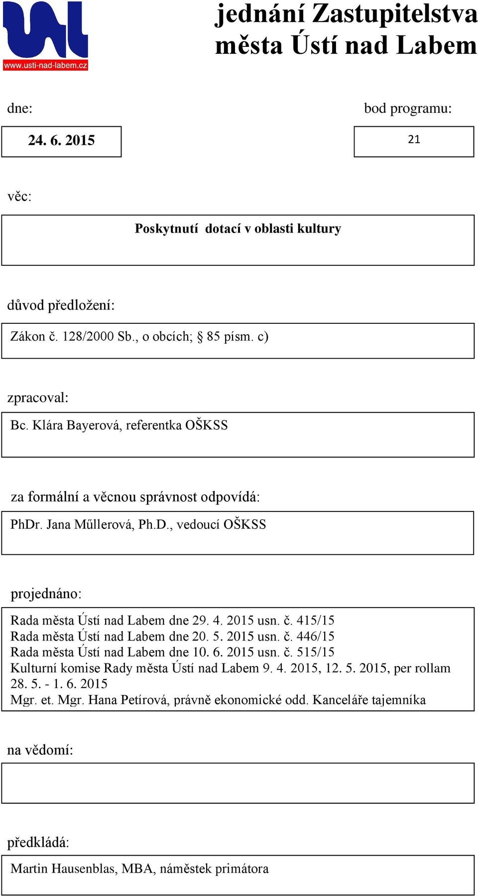 2015 usn. č. 415/15 Rada města Ústí nad Labem dne 20. 5. 2015 usn. č. 446/15 Rada města Ústí nad Labem dne 10. 6. 2015 usn. č. 515/15 Kulturní komise Rady města Ústí nad Labem 9. 4. 2015, 12.