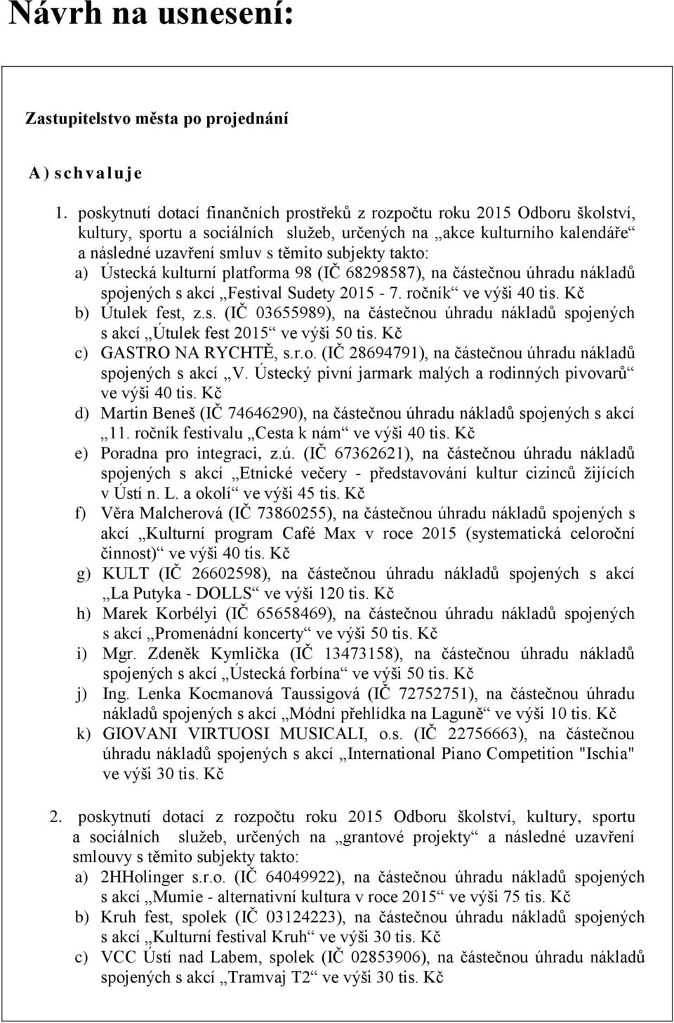 takto: a) Ústecká kulturní platforma 98 (IČ 68298587), na částečnou úhradu nákladů spojených s akcí Festival Sudety 2015-7. ročník ve výši 40 tis. Kč b) Útulek fest, z.s. (IČ 03655989), na částečnou úhradu nákladů spojených s akcí Útulek fest 2015 ve výši 50 tis.