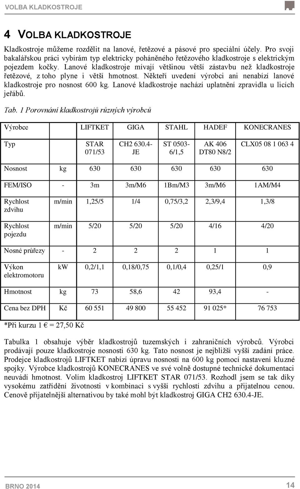 Lanové kladkostroje mívají většinou větší zástavbu než kladkostroje řetězové, z toho plyne i větší hmotnost. Někteří uvedení výrobci ani nenabízí lanové kladkostroje pro nosnost 600 kg.