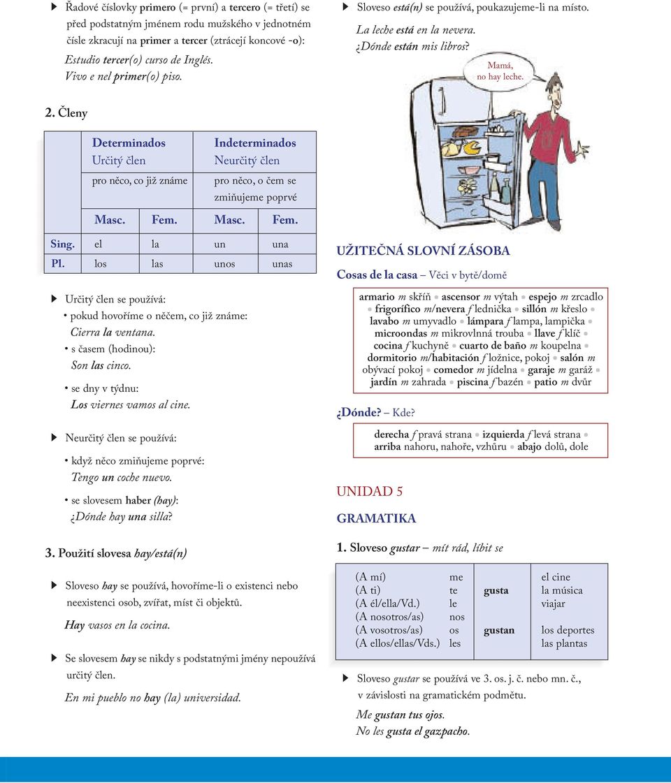 Členy Determinados Určitý člen pro něco, co již známe Indeterminados Neurčitý člen pro něco, o čem se zmiňujeme poprvé Masc. Fem. Masc. Fem. Sing. el la un una Pl.