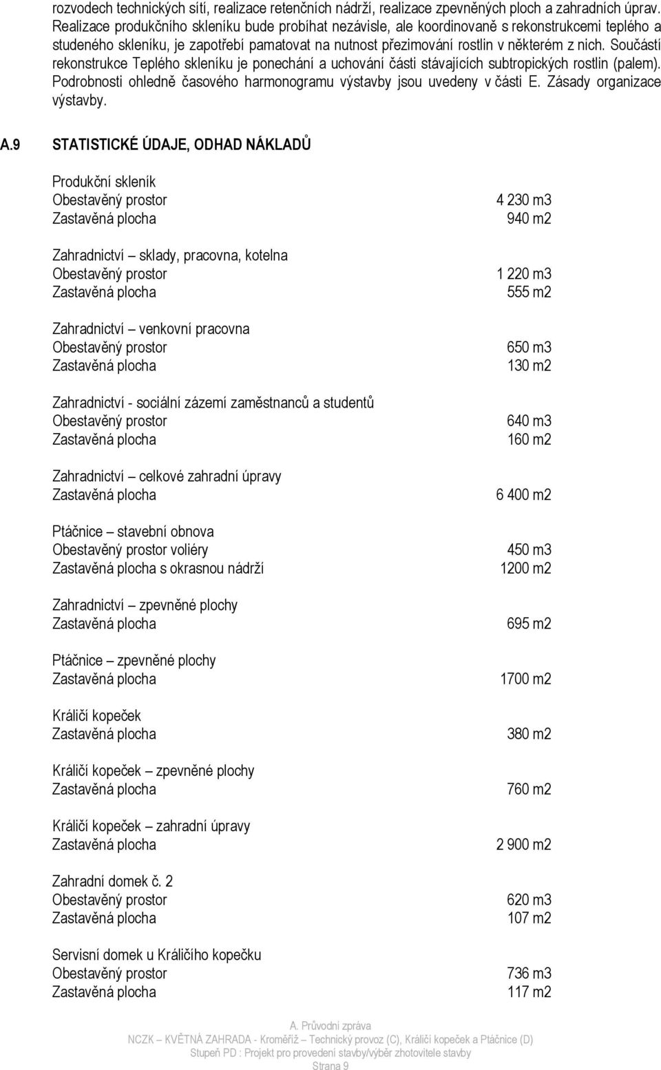 Součástí rekonstrukce Teplého skleníku je ponechání a uchování části stávajících subtropických rostlin (palem). Podrobnosti ohledně časového harmonogramu výstavby jsou uvedeny v části E.