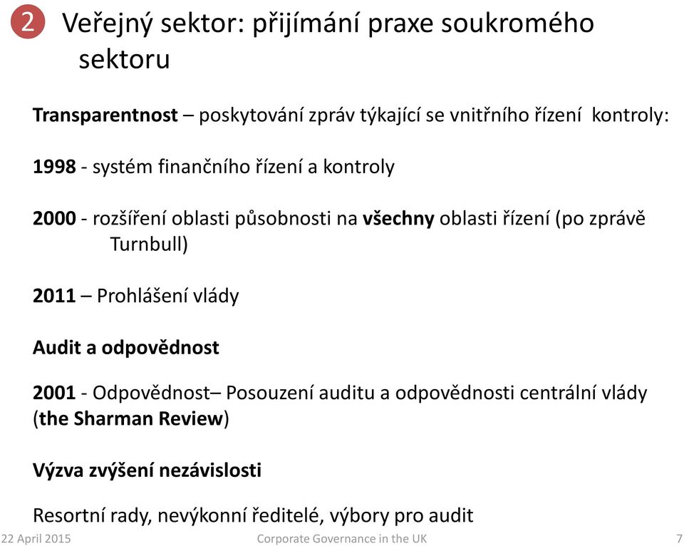 2011 Prohlášení vlády Audit a odpovědnost 2001 - Odpovědnost Posouzení auditu a odpovědnosti centrální vlády (the Sharman