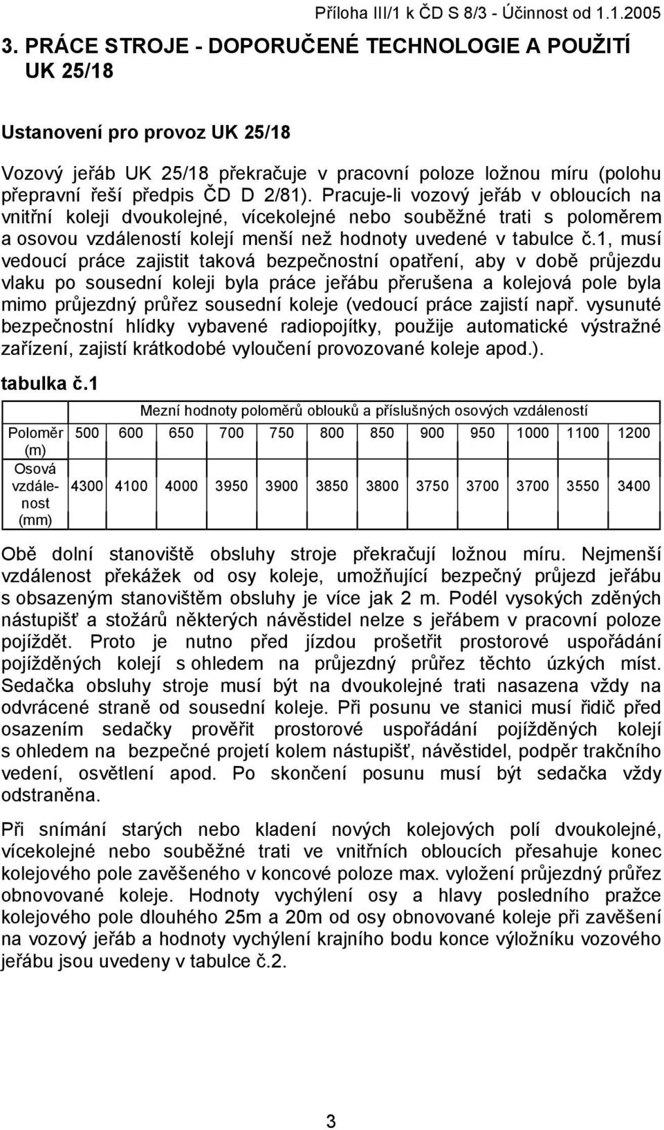 Pracuje-li vozový jeřáb v obloucích na vnitřní koleji dvoukolejné, vícekolejné nebo souběžné trati s poloměrem a osovou vzdáleností kolejí menší než hodnoty uvedené v tabulce č.