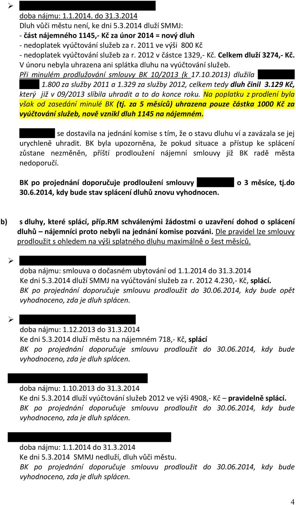 Při minulém prodlužování smlouvy BK 10/2013 (k 17.10.2013) dlužila paní Suchá SMMJ 1.800 za služby 2011 a 1.329 za služby 2012, celkem tedy dluh činil 3.